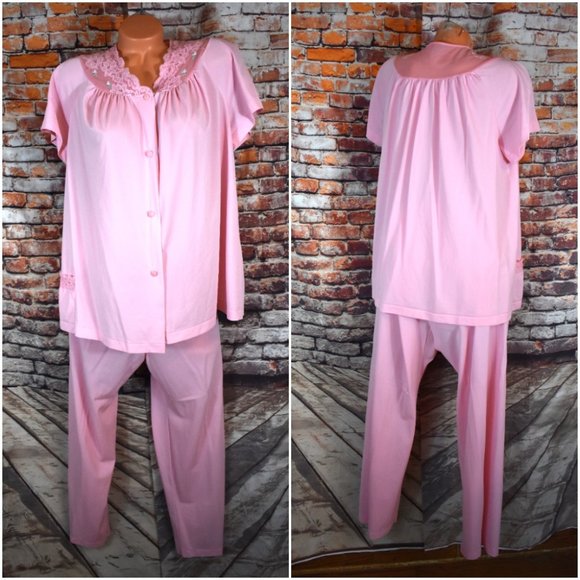 Vanity Fair Other - Shadowline Large 2 piece Nylon Pajama Set Pant Top Pink Vintage Pull On Pants